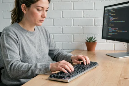 Femme utilisant des raccourcis clavier sur un bureau minimaliste en bois dans un bureau à domicile moderne