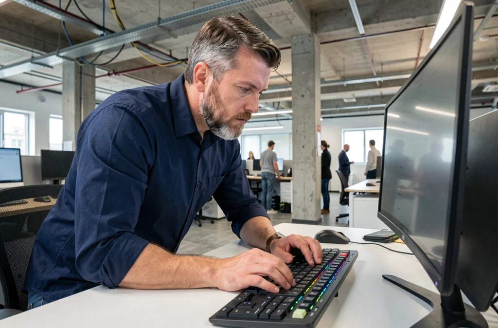 Homme en chemise bleue utilisant des raccourcis clavier dans un open space de bureau moderne