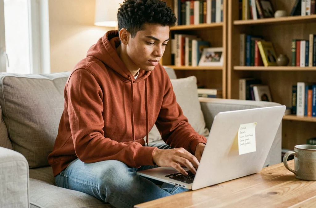 Jeune personne consultant une liste de raccourcis clavier collée sur un ordinateur portable dans un salon cosy