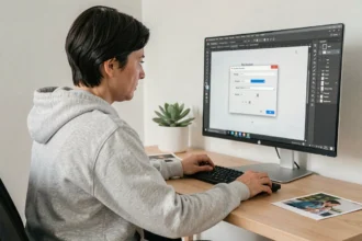 Femme ajustant les réglages d'exportation JPEG dans Photoshop sur un grand écran dans un bureau à domicile