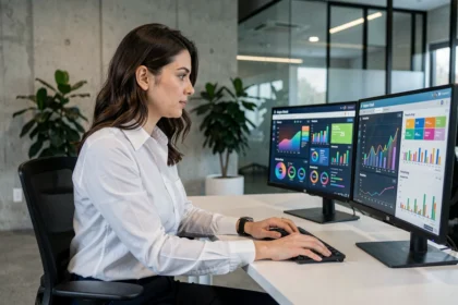 Responsable marketing analysant des tableaux de bord de campagnes publicitaires optimisées par intelligence artificielle sur deux écrans dans un bureau moderne