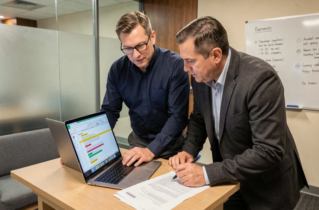 Deux collègues masculins consultant et annotant un document Word avec suivi des modifications dans un espace collaboratif d'entreprise