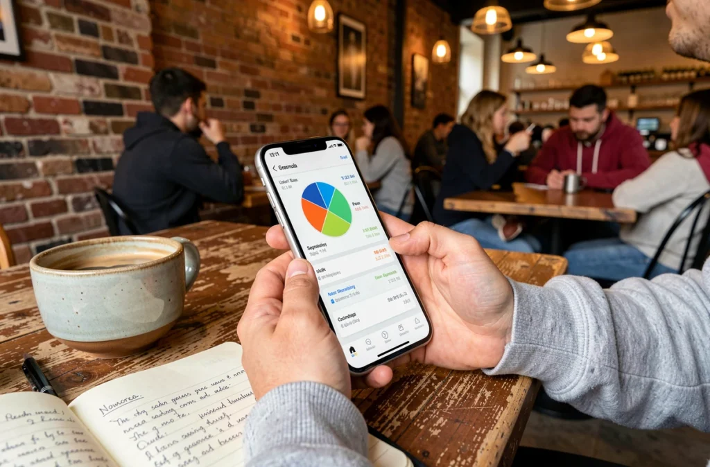 Mains tenant un smartphone affichant une application d'analyse de données utilisateurs dans un café urbain