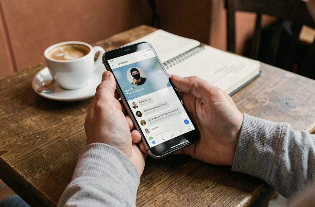 Gros plan sur des mains tenant un smartphone affichant une interface de SMS en numéro masqué dans un café