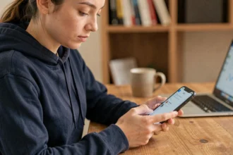 Jeune femme envoyant un SMS anonyme depuis son smartphone dans un bureau à domicile