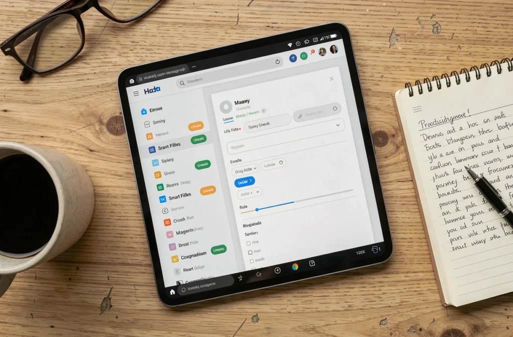Vue aérienne d'une tablette affichant une interface de gestion d'e-mails avec filtres automatiques sur un bureau en bois