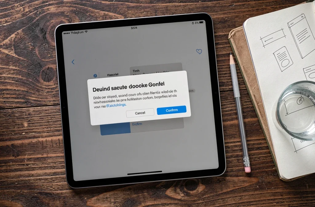 Vue aérienne d'une tablette affichant une fenêtre popup d'interface utilisateur avec des croquis de wireframe