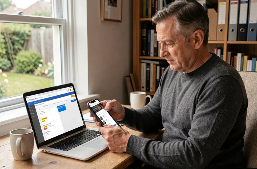 Homme en télétravail consultant un agenda partagé sur smartphone et ordinateur portable depuis son bureau à domicile pour organiser ses réunions