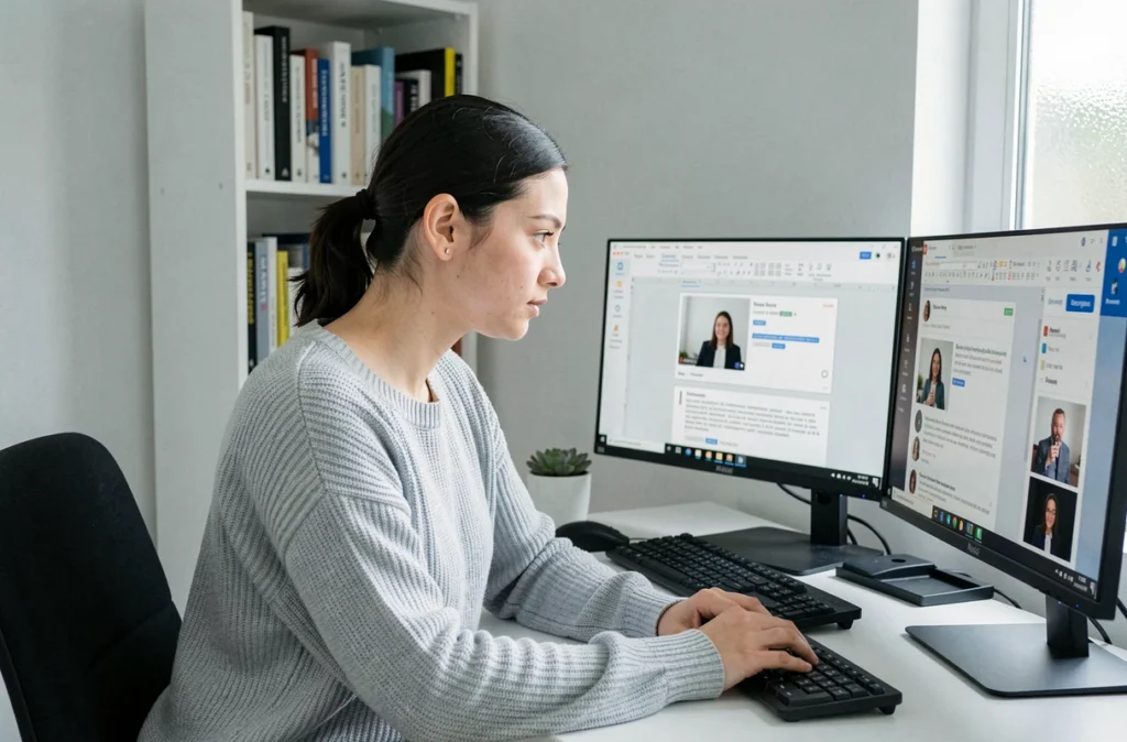 Jeune femme travaillant à distance sur un document Word partagé depuis son bureau à domicile avec double écran