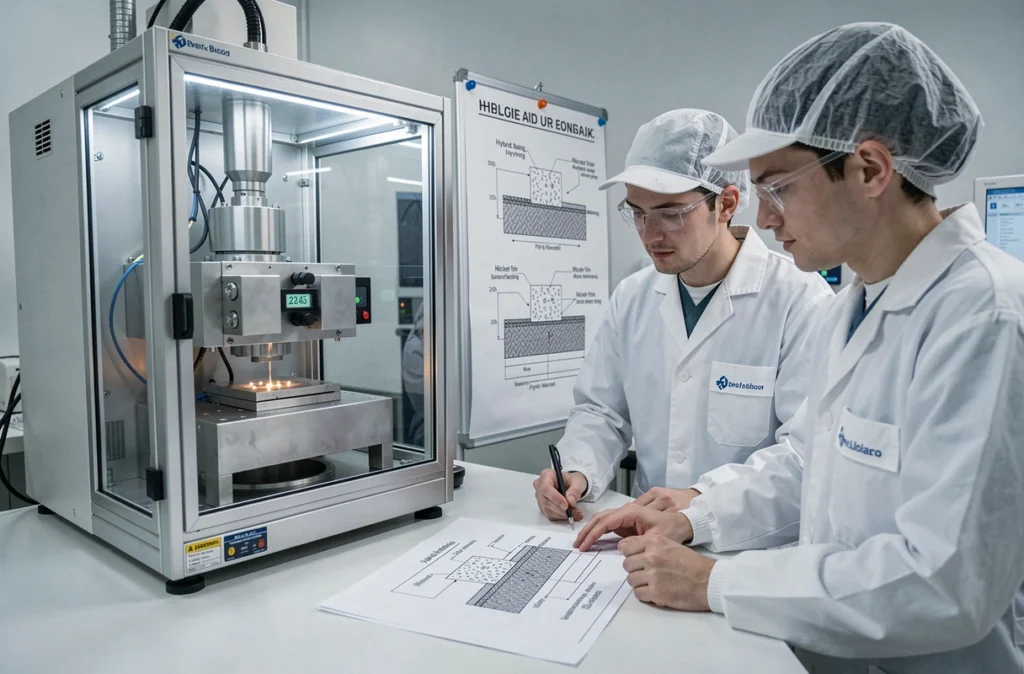 Deux chercheurs en salle blanche étudiant des architectures UBM alternatives — hybrid bonding, sandwich Ni/Sn et assemblages sans soudure — devant une station de collage de précision avec schémas techniques