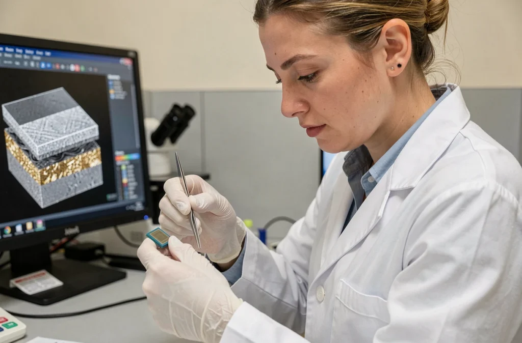 Scientifique manipulant un die silicium pour l'analyse d'un empilement UBM Ni/Au, avec affichage de coupe transversale en microscopie électronique montrant les couches nickel et or pour le flip-chip classique