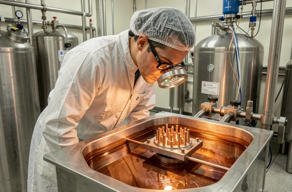 Ingénieur supervisant un bain de galvanoplastie cuivre dans une salle blanche, illustrant la formation de piliers cuivre et la couche d'accroche Ti/Cu pour les pitches fins en technologie UBM