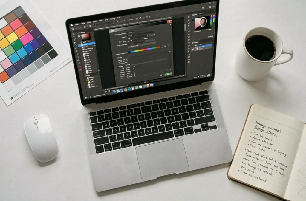 Vue aérienne d'un ordinateur portable affichant les paramètres JPEG dans Photoshop entouré d'accessoires de travail créatif