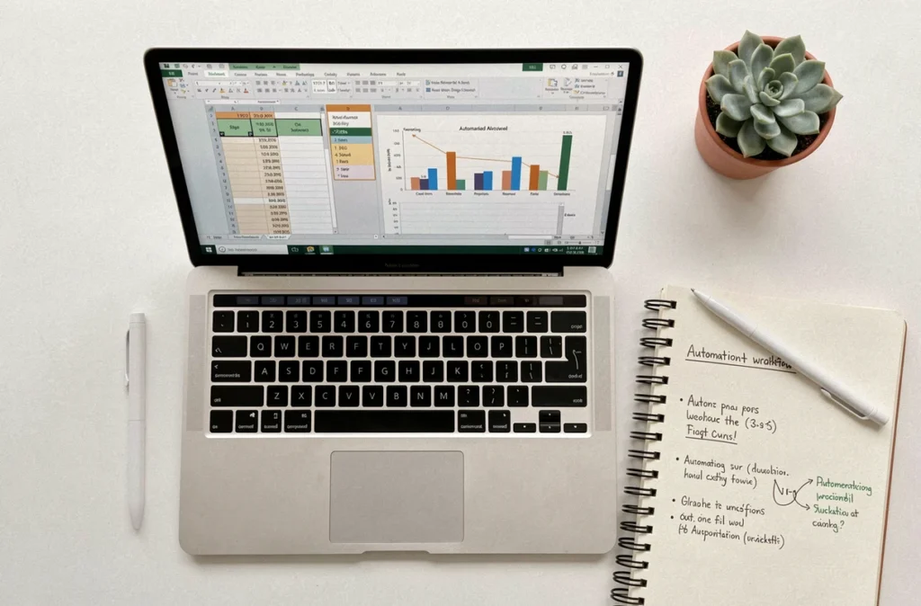Vue de dessus d'un bureau avec un tableau de bord Excel automatisé et des notes de workflow manuscrites