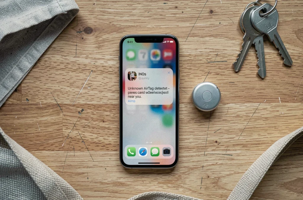 Vue de dessus d'un iPhone affichant une alerte AirTag détecté posé sur un bureau en bois avec un tracker AirTag visible