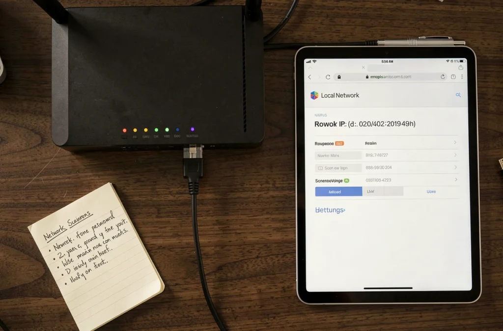 Vue du dessus d'un routeur domestique avec câble Ethernet et tablette affichant la page de connexion administrateur