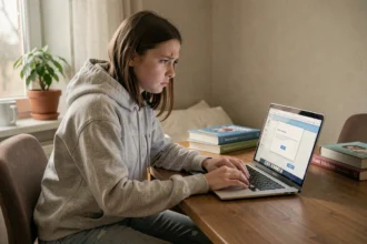 Adolescente frustrée devant un message d'erreur sur son ordinateur portable lors d'une connexion à l'ENT Oze 92