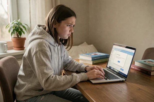 Adolescente frustrée devant un message d'erreur sur son ordinateur portable lors d'une connexion à l'ENT Oze 92