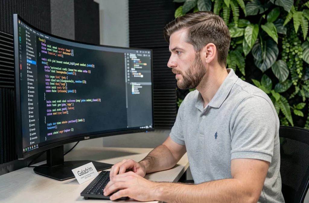 Tech lead de l'agence Galadrim analysant du code JavaScript sur un moniteur ultrawide dans un bureau lyonnais