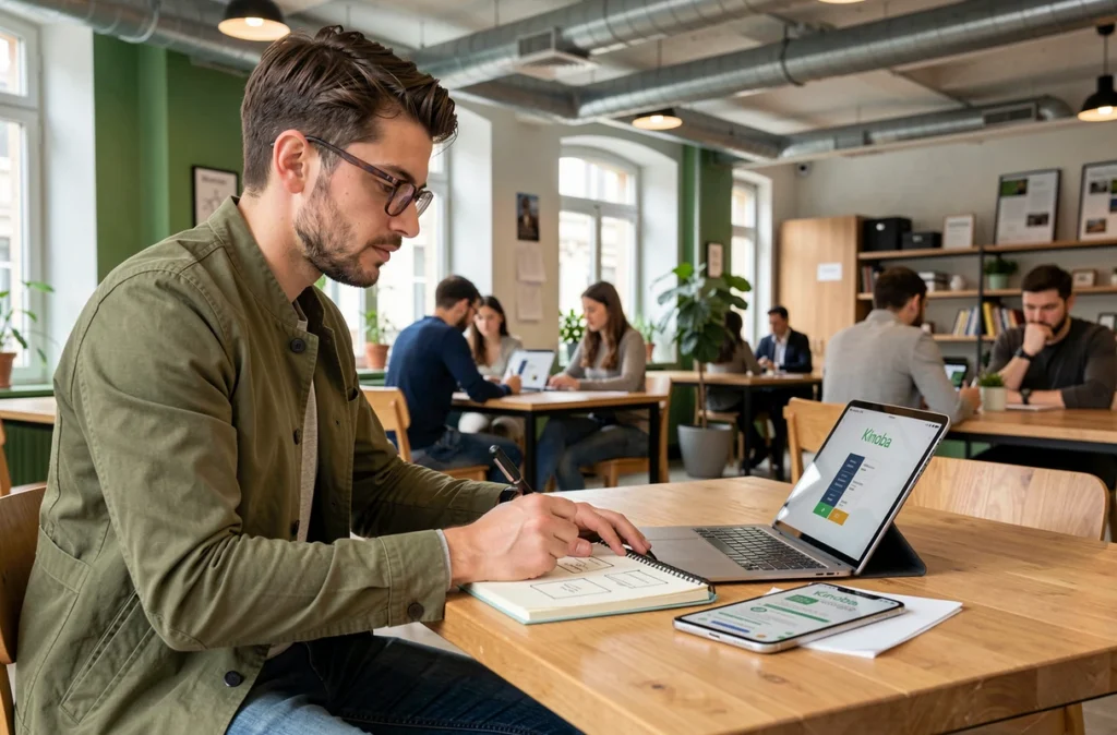 Designer UX de Kinoba esquissant des wireframes dans un espace de coworking à Lyon