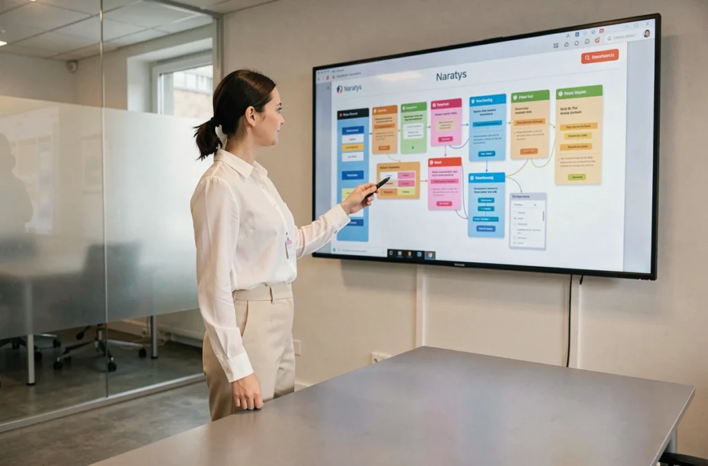 Consultante de l'agence Naratys présentant une stratégie UX sur un écran de conférence à Lyon