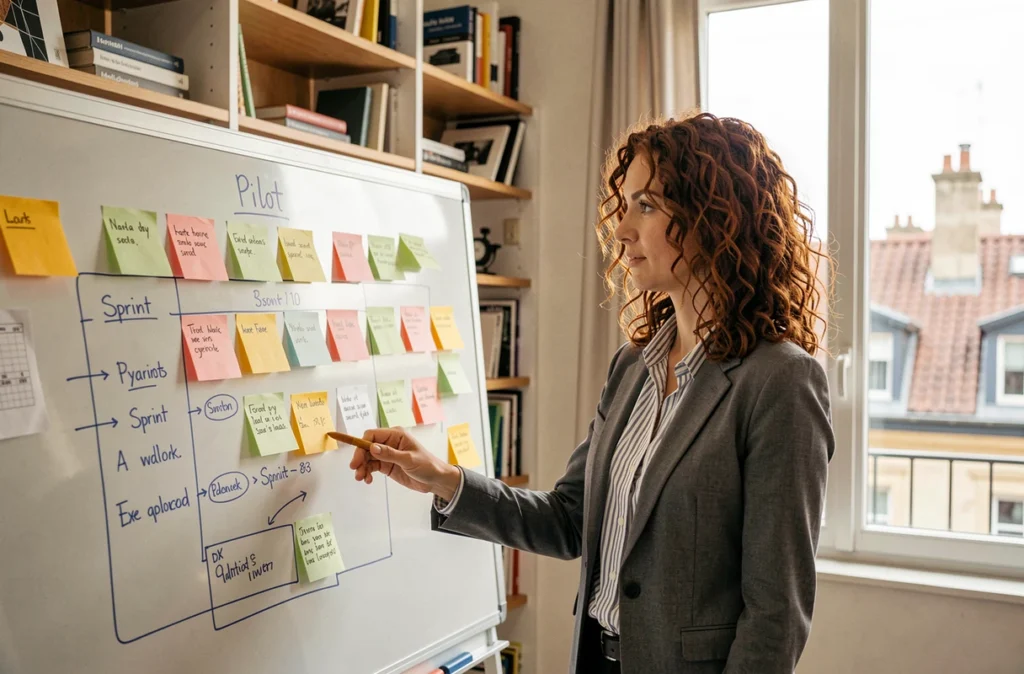 Chef de projet de Pilot'in organisant un tableau kanban de gestion de sprint dans un espace collaboratif lyonnais