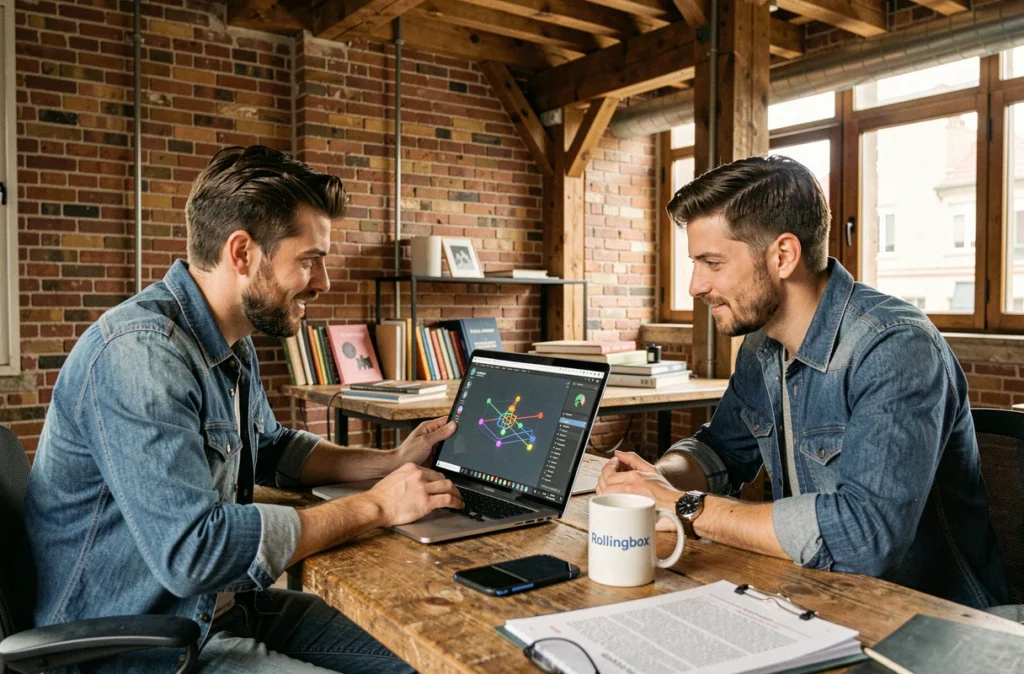 Deux développeurs de Rollingbox collaborant sur une animation web 3D dans un loft créatif lyonnais