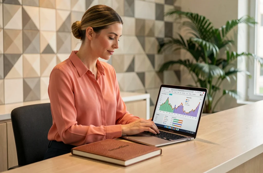 Consultante en marketing digital de Smartfire analysant des graphiques SEO dans un bureau contemporain lyonnais