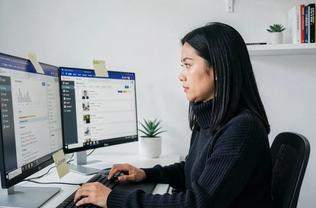 Développeuse web de Sutunam travaillant sur une interface e-commerce dans un bureau minimaliste lyonnais