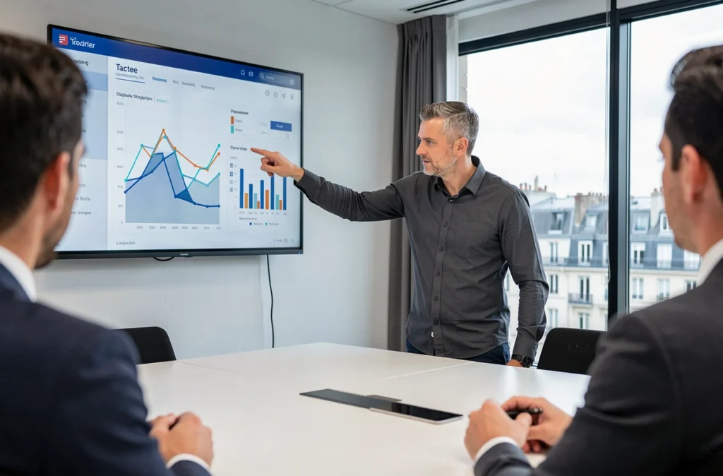 Stratège digital de Tactee présentant un tableau de bord analytique lors d'un briefing d'équipe à Lyon