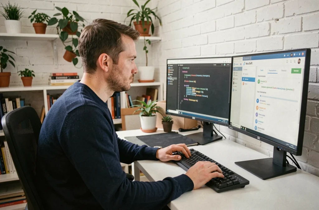 Développeur de l'agence Wess Soft travaillant sur un code PHP dans un bureau studio à Lyon