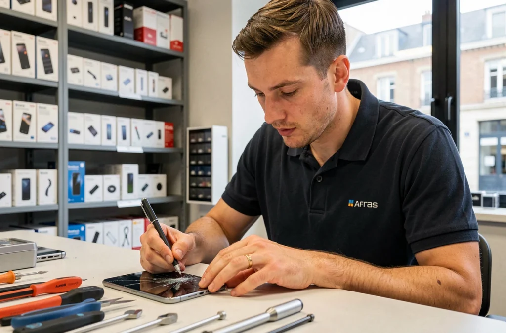 Technicien d'Arras Informatique et Mobile remplaçant un écran de smartphone dans son atelier à Arras