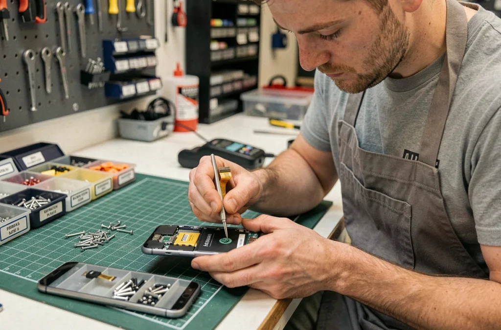Spécialiste d'Arras Réparation reconnectant un câble de batterie dans un smartphone ouvert