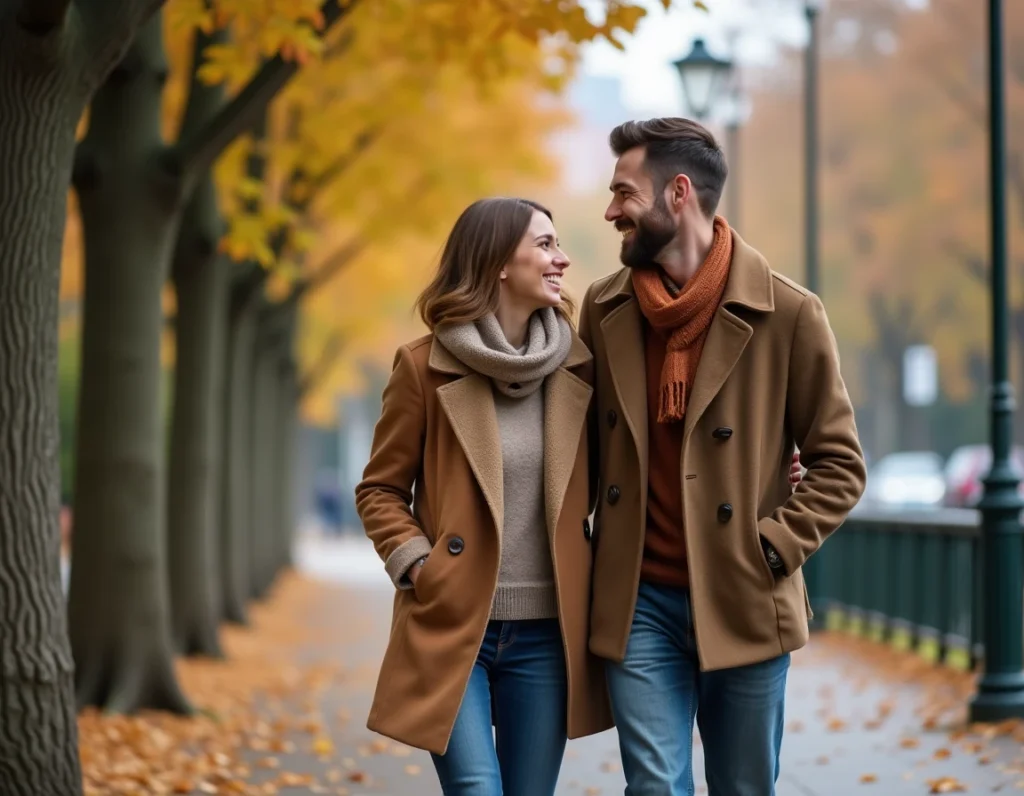 Couple heureux se promenant dans un parc urbain en automne, partageant un moment de complicité et de rire authentique