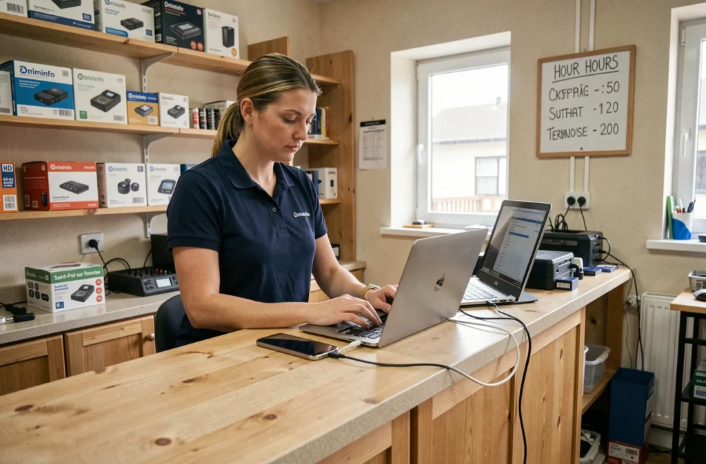 Technicienne Driminfo utilisant un outil de diagnostic informatique sur un smartphone à Saint-Pol-sur-Ternoise