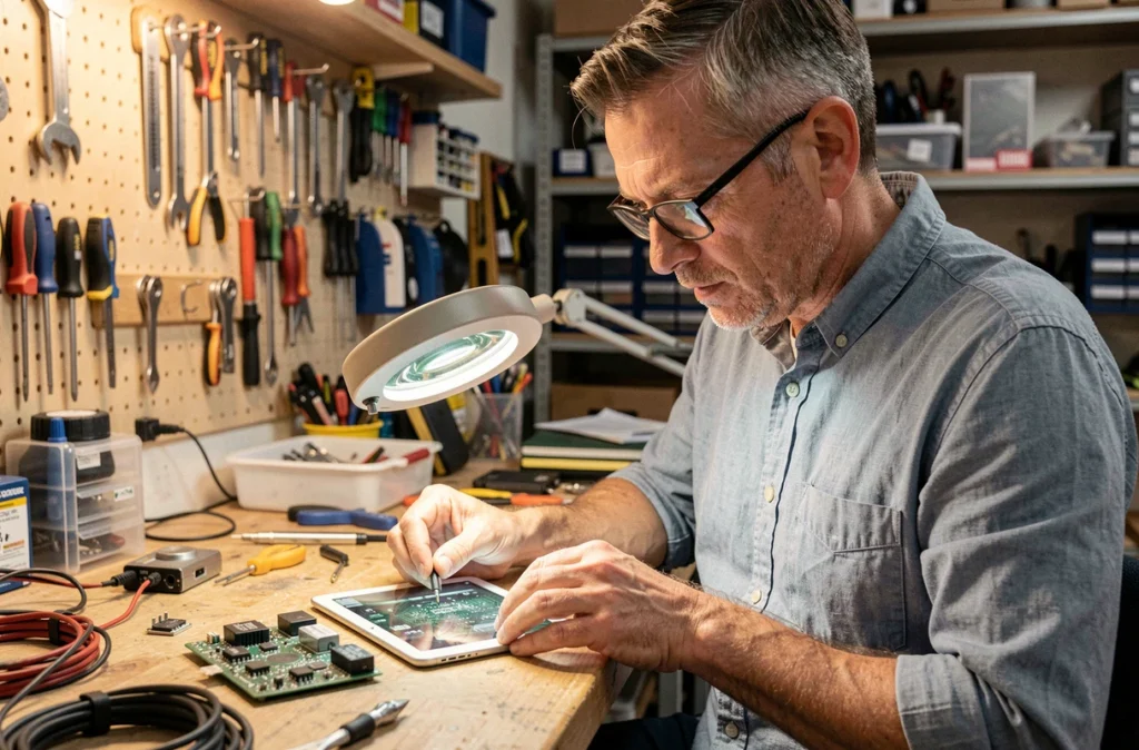 Technicien DTIC analysant une carte mère de tablette dans son atelier de réparation à Arras