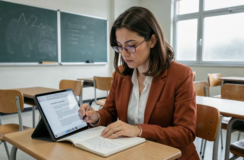 Enseignante consultant un message d'erreur sur tablette lors d'une connexion à l'ENT Oze 92 dans une salle de classe vide