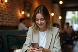 Femme célibataire dans un café parisien consultant une application de rencontres sur son smartphone avec un sourire naturel