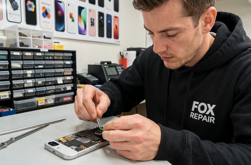 Technicien Fox Repair installant un module caméra dans un iPhone ouvert dans son atelier à Lens