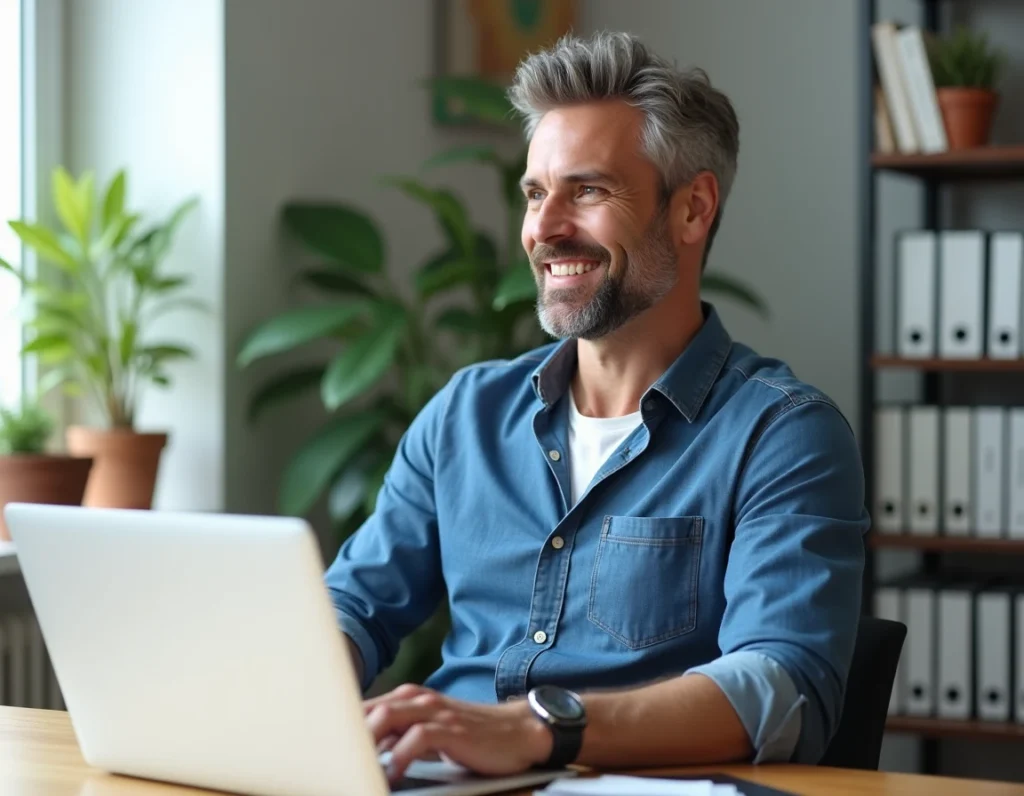 Homme célibataire dans un bureau à domicile moderne consultant une plateforme de rencontres sérieuses sur son ordinateur portable