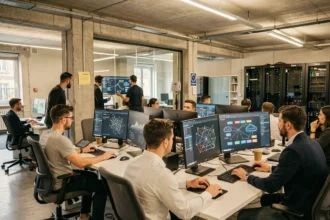 Équipe de techniciens IT collaborant dans un bureau d'infogérance moderne en Bourgogne-Franche-Comté