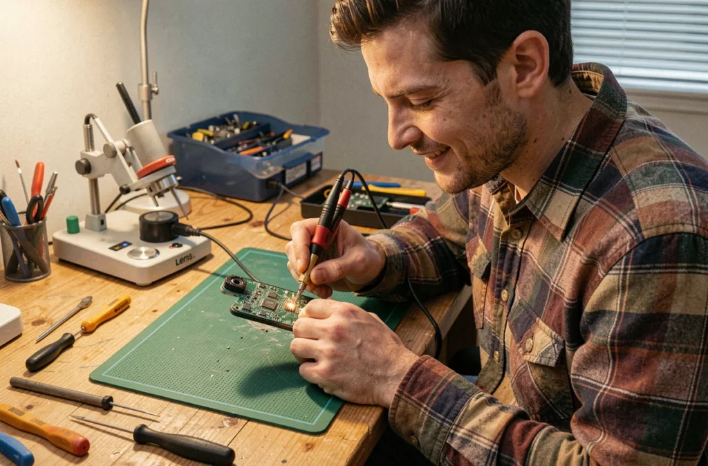 Jonathan, réparateur indépendant à Lens, soudant un composant sur une carte mère de smartphone