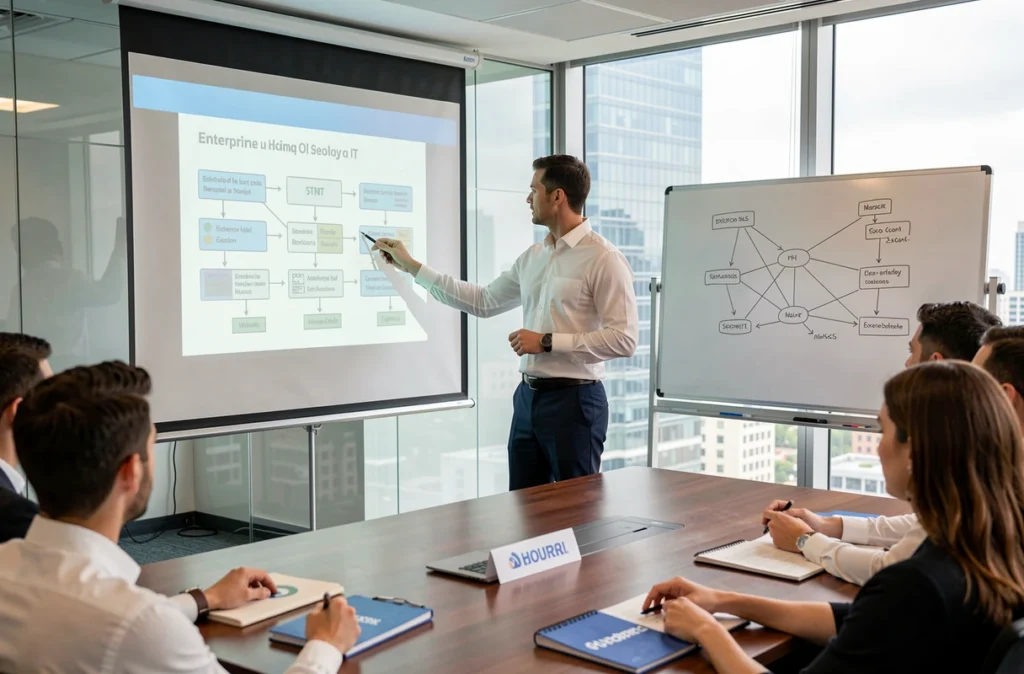 Expert IT de Kincy présentant des solutions d'entreprise à une équipe lors d'une réunion professionnelle