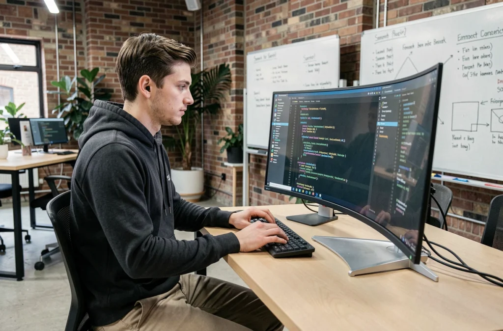 Développeur de Mad Informatique travaillant sur du code et des services IT dans un espace de travail créatif