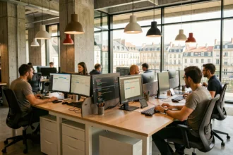 Vue d'ensemble d'une agence de développement web moderne à Lyon avec des professionnels travaillant sur des écrans de code et des maquettes