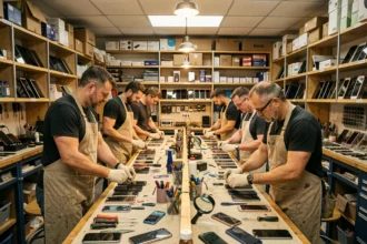 Vue d'ensemble d'un atelier de réparation de smartphones dans le Pas-de-Calais avec plusieurs techniciens au travail