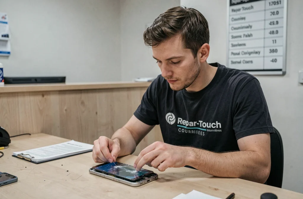 Technicien Repar-Touch à Courrières retirant un écran protecteur cassé d'un smartphone