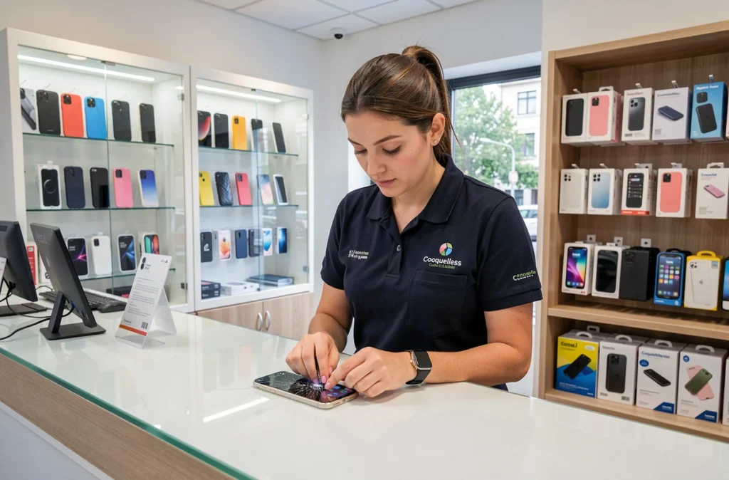Technicienne WeFix au comptoir de réparation de smartphones à Coquelles près de Calais