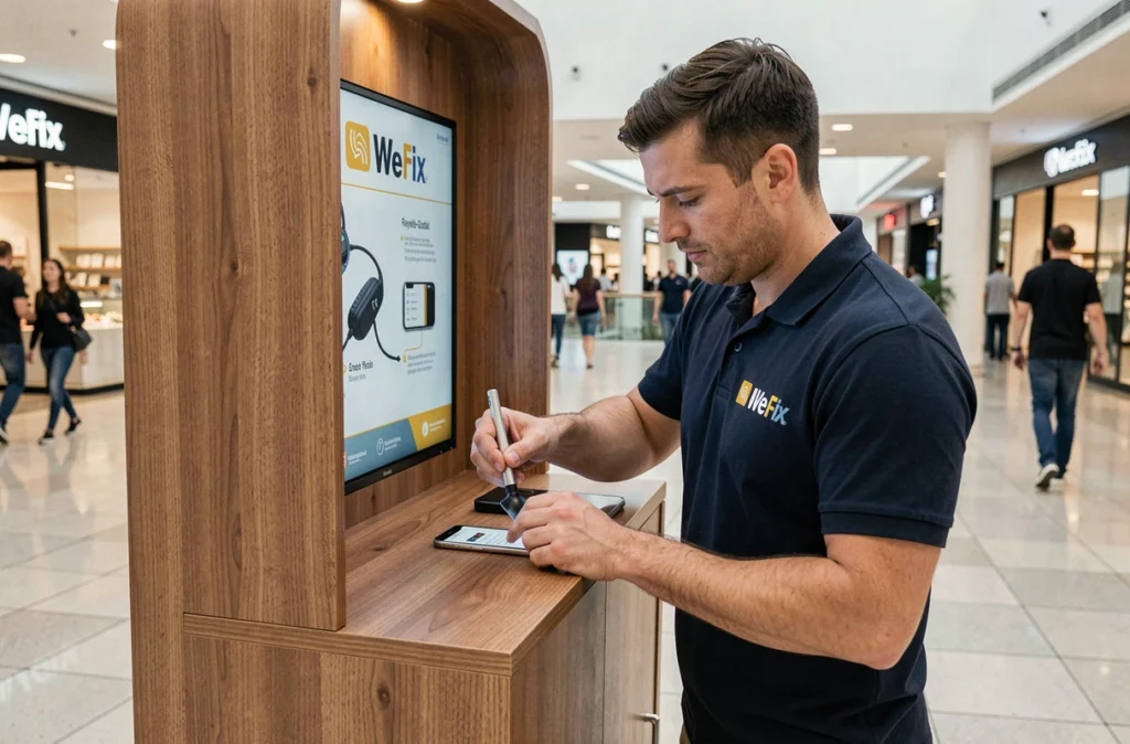 Technicien WeFix réparant un smartphone dans leur kiosque à Noyelles-Godault