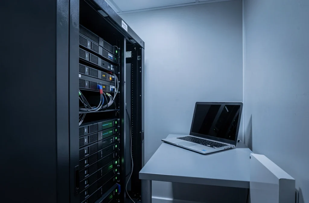 Baie de serveurs et disque de sauvegarde dans une petite salle technique